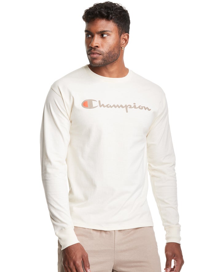 Champion Classic Long-Sleeve Script Logo - Miesten Valkoinen T-Paita - Suomi 7081532-OH